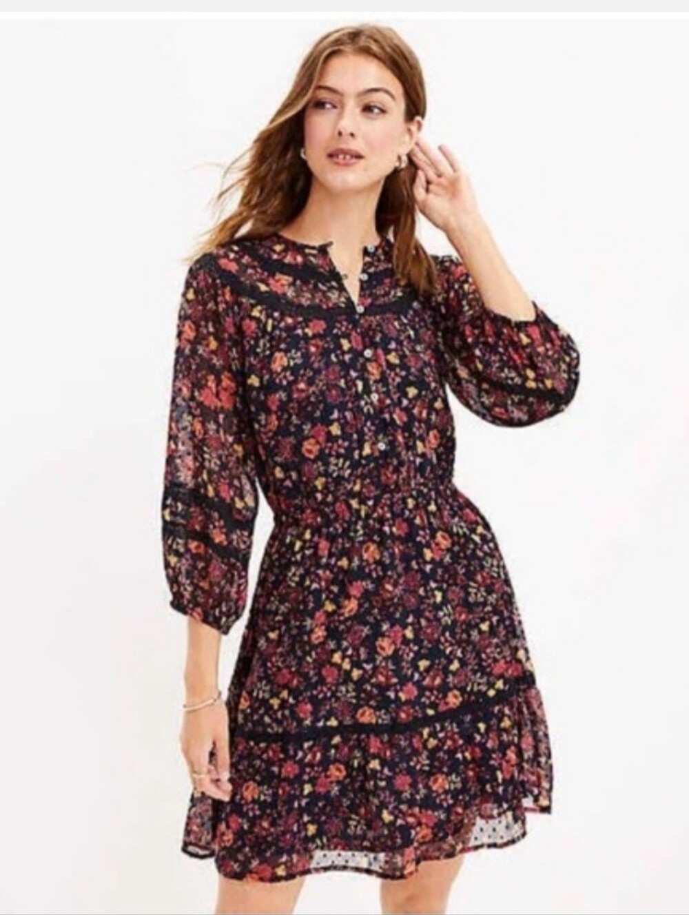 LOFT Black Floral Button-Front Long Sleeve Dress with Pink & Orange Flowers Med